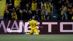 COLUMBUS, OHIO - APRIL 24: Cucho Hernandez #9 of the Columbus Crew celebrates a goal in the first half of Leg One of the Concacaf Champions Cup Semifinals against CF Monterrey at Lower.com Field on April 24, 2024 in Columbus, Ohio.   Jason Mowry/Getty Images/AFP (Photo by Jason Mowry / GETTY IMAGES NORTH AMERICA / Getty Images via AFP)