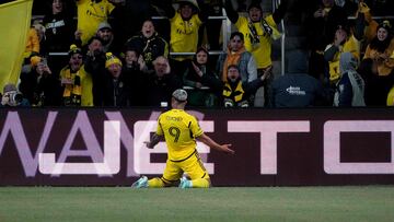 COLUMBUS, OHIO - APRIL 24: Cucho Hernandez #9 of the Columbus Crew celebrates a goal in the first half of Leg One of the Concacaf Champions Cup Semifinals against CF Monterrey at Lower.com Field on April 24, 2024 in Columbus, Ohio.   Jason Mowry/Getty Images/AFP (Photo by Jason Mowry / GETTY IMAGES NORTH AMERICA / Getty Images via AFP)