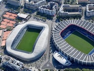 Los estadios Jean Bouin, a la izquierda, y Parque de los Príncipes, derecha, están separados por 43 metros.