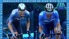 Cartel con el que el Movistar Team ha anunciado las renovaciones de Mathias Norsgaard y Sergio Samitier hasta 2023 y 2024.