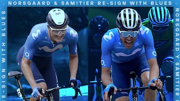 Cartel con el que el Movistar Team ha anunciado las renovaciones de Mathias Norsgaard y Sergio Samitier hasta 2023 y 2024.