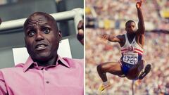 Carl Lewis en la actualidad y ganando la medalla de oro en longitud en los Juegos de Barcelona 1992. 