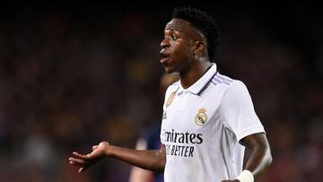Real Madrid's Brazilian forward Vinicius Junior gestures during the Spanish league football match between FC Barcelona and Real Madrid CF at the Camp Nou stadium in Barcelona on March 19, 2023. (Photo by Josep LAGO / AFP)