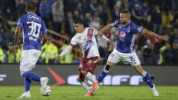 Daniel Cataño y Felipe Jaramillo durante el partido entre Millonarios y Tolima por Liga Águila.