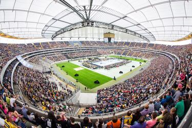 Vista general durante el partido de la liga alemana de3 balonmano entre el Rhein-Neckar Loewen y el HSV Hamburgo en el Commerzbank-Arena, estadio del Eintracht Frankfurt. El partido se disputó el 6 de septiembre de 2014 en Fráncfort del Meno, Alemania.