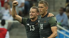 SAO PAULO, BRAZIL - AUGUST 17:  Nils Petersen of Germany celebrates with Philipp Max after scoring a goal  during the Men&#039;s Football Semi Final between Nigeria and Germany on Day 12 of the Rio 2016 Olympic Games at Arena Corinthians on August 17, 201