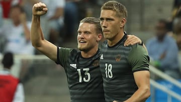 SAO PAULO, BRAZIL - AUGUST 17:  Nils Petersen of Germany celebrates with Philipp Max after scoring a goal  during the Men&#039;s Football Semi Final between Nigeria and Germany on Day 12 of the Rio 2016 Olympic Games at Arena Corinthians on August 17, 201