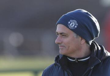 Manager Jose Mourinho of Manchester United in action during a first team training session.