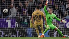 Barcelona's Spanish goalkeeper Inaki Pena deflects the ball during the Spanish league football match between Real Valladolid FC and FC Barcelona at the Jose Zorilla stadium in Valladolid on May 23, 2023. (Photo by CESAR MANSO / AFP)