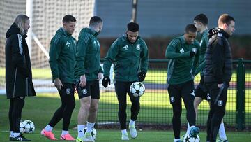 Aston Villa's English defender #06 Ross Barkley (L), Aston Villa's Scottish midfielder #07 John McGinn (2L), Aston Villa's English striker #11 Ollie Watkins (C) and Aston Villa's Belgian midfielder #08 Youri Tielemans (3R) take part in a training session at Bodymoor Heath Training Ground near Birmingham, central England, on November 26, 2024 on the eve of their UEFA Champions League football match against Juventus. (Photo by Oli SCARFF / AFP)