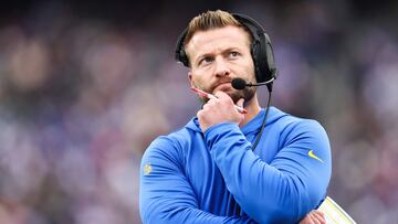 EAST RUTHERFORD, NEW JERSEY - DECEMBER 31: Head coach Sean McVay of the Los Angeles Rams looks on during the first half against the New York Giants at MetLife Stadium on December 31, 2023 in East Rutherford, New Jersey.   Dustin Satloff/Getty Images/AFP (Photo by Dustin Satloff / GETTY IMAGES NORTH AMERICA / Getty Images via AFP)