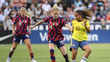 SANDY, UTAH - JUNE 28: Emily Sonnett #14 of the United States fights for the ball with Leicy Santos #10 of Colombia during a game at Rio Tinto Stadium on June 28, 2022 in Sandy, Utah. Alex Goodlett/Getty Images/AFP
== FOR NEWSPAPERS, INTERNET, TELCOS & TELEVISION USE ONLY ==