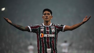 Fluminense's Argentine forward German Cano celebrates after scoring a goal during the all-Brazilian Copa Libertadores semifinals first leg football match between Fluminense and Internacional, at the Maracana stadium, in Rio de Janeiro, Brazil on September 27, 2023. (Photo by CARL DE SOUZA / AFP)