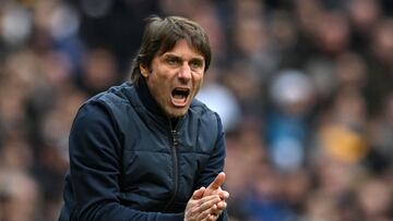 (FILES) Tottenham Hotspur's Italian head coach Antonio Conte gestures on the touchline during the English Premier League football match between Tottenham Hotspur and Nottingham Forest at Tottenham Hotspur Stadium in London, on March 11, 2023. - Manager Antonio Conte has left Tottenham "by mutual consent", the Premier League club announced on March 26, 2023. The Italian, who took over in November 2021, launched into a rant about the club before the international break following a 3-3 draw at Southampton. Conte leaves with Spurs fourth in the Premier League table. (Photo by Justin TALLIS / AFP) / RESTRICTED TO EDITORIAL USE. No use with unauthorized audio, video, data, fixture lists, club/league logos or 'live' services. Online in-match use limited to 120 images. An additional 40 images may be used in extra time. No video emulation. Social media in-match use limited to 120 images. An additional 40 images may be used in extra time. No use in betting publications, games or single club/league/player publications. /