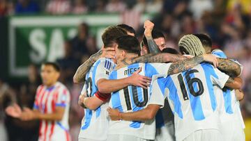 Argentina's forward #22 Lautaro Martinez (unseen) celebrates after scoring during the 2026 FIFA World Cup South American qualifiers football match between Paraguay and Argentina at the Ueno Defensores del Chaco stadium in Asuncion on November 14, 2024. (Photo by Daniel Duarte / AFP)
