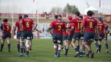 Los jugadores de la selecci&oacute;n espa&ntilde;ola de rugby, durante su partido del Seis Naciones B ante Ruman&iacute;a.
 