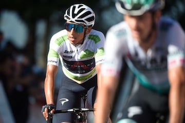 Team Ineos&#039; Colombian rider Egan Bernal crosses the finish line of the 20th stage of the 2021 La Vuelta cycling tour of Spain, a 202.2 km race from Sansenxo to Castro de Herville in Mos, on September 4, 2021. (Photo by MIGUEL RIOPA / AFP)