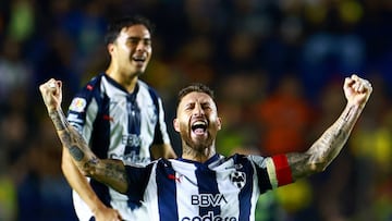 Soccer Football - Liga MX - Quarter Final - Second Leg - Club America v Monterrey - Estadio Azteca, Mexico City, Mexico - November 29, 2025 Monterrey's Sergio Ramos and Iker Fimbres celebrate after the match REUTERS/Raquel Cunha