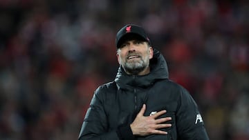 LIVERPOOL, ENGLAND - APRIL 27: Liverpool manager Jurgen Klopp reacts after the final whistle during the UEFA Champions League Semi Final Leg One match between Liverpool and Villarreal at Anfield on April 27, 2022 in Liverpool, England. (Photo by Jan Kruger - UEFA/UEFA via Getty Images)