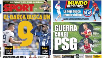 Portadas de los diarios Sport y Mundo Deportivo del 15 de octubre de 2018.