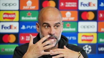 El entrenador del Manchester City, Pep Guardiola, durante una rueda de prensa.