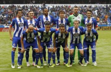 El once inicial del Deportivo de La Coruña. De pie: Arribas, Lucas Pérez, Sidnei, Mosquera, Pletikosa y Luis Alberto. Agachados: Manuel Pablo, Fajr, Fernando Navarro, Bergantiños y Fede Cartabia. 

