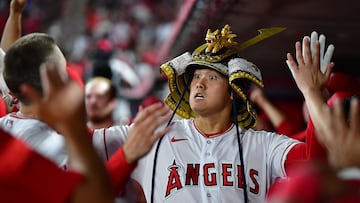 August 3, 2023; Anaheim, California, USA; Los Angeles Angels starting pitcher Shohei Ohtani (17) celebrates after hitting a solo home run against the Seattle Mariners during the eighth inning at Angel Stadium. Mandatory Credit: Gary A. Vasquez-USA TODAY Sports