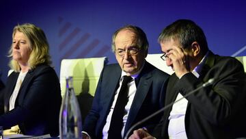 President of the French football federation (FFF) executive commitee Noel LE GRAET (centre), Vice president of the French football federation (FFF) executive commitee Brigitte HENRIQUES (left) and President of the French football federation (FFF) amateur