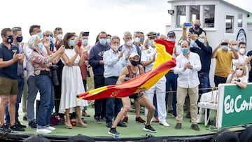 Miguel Angel Revilla president of Cantabria delivers the champion flag to the trawler from Zierbana in the Spanish Trawler Championship in Pedrena waters at Bahia Santander.Pedrena, Cantabria ,Spain, 02/08/2020. 