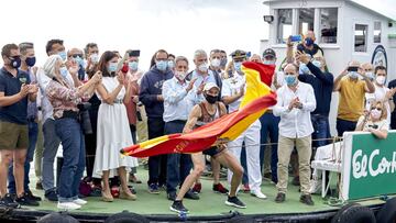 Miguel Angel Revilla president of Cantabria delivers the champion flag to the trawler from Zierbana in the Spanish Trawler Championship in Pedrena waters at Bahia Santander.Pedrena, Cantabria ,Spain, 02/08/2020. 