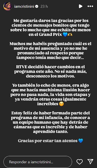 Cristinini desvela los motivos de su salida del ‘Grand Prix’: “RTVE decidió hacer cambios”