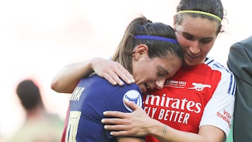 LISBON, PORTUGAL - MAY 24: Aitana Bonmati of FC Barcelona is consoled by Mariona Caldentey of Arsenal at full time in the UEFA Women's Champions League final match between Arsenal WFC and FC Barcelona at Estadio Jose Alvalade on May 24, 2025 in Lisbon, Portugal. (Photo by Maja Hitij/Getty Images)