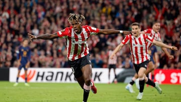 Soccer Football - Europa League - Round of 16 - Second Leg - Athletic Bilbao v AS Roma - San Mames, Bilbao, Spain - March 13, 2025 Athletic Bilbao's Nico Williams celebrates scoring their first goal REUTERS/Vincent West