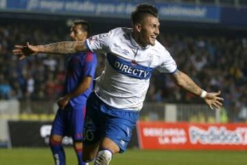 El jugador de Universidad Catolica Nicolas Castillo celebra su gol contra Universidad de Chile durante el partido de Super Copa disputado en el estadio Ester Roa de Concepcion, Chile.