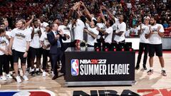 LAS VEGAS, NV - JULY 17: The Portland Trail Blazers receive the 2022 Summer League championship trophy after the game against the New York Knicks during the 2022 Las Vegas Summer League on July 17, 2022 at the Thomas & Mack Center in Las Vegas, Nevada