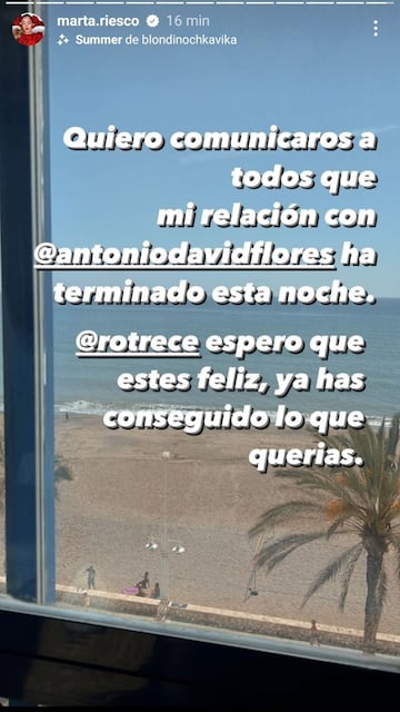 Marta Riesco anuncia su ruptura con Antonio David Flores y culpa a Rocío Flores. INSTAGRAM.