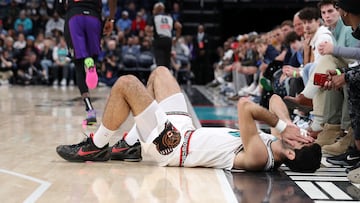 Santi Aldama #7 of the Memphis Grizzlies reacts during the first half against the Toronto Raptors at FedExForum on December 26, 2024 in Memphis, Tennessee.