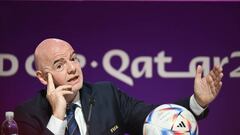 19 November 2022, Qatar, Al-Rajjan: Soccer, preparation for the World Cup in Qatar, FIFA press conference, FIFA President Gianni Infantino speaks at a PK. Photo: Robert Michael/dpa (Photo by Robert Michael/picture alliance via Getty Images)