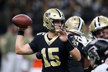 Nov 7, 2021; New Orleans, Louisiana, USA; New Orleans Saints quarterback Trevor Siemian (15) makes a throw during the second half against the Atlanta Falcons at the Caesars Superdome. Mandatory Credit: Chuck Cook-USA TODAY Sports