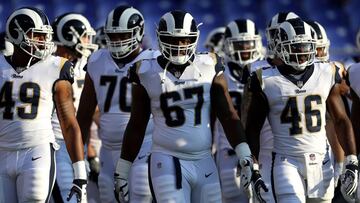 BALTIMORE, MD - AUGUST 09: Chunky Clements #67 of the Los Angeles Rams and teammates take the field for warmups before playing against the Baltimore Ravens during a preseason game at M&amp;T Bank Stadium on August 9, 2018 in Baltimore, Maryland.   Patrick Smith/Getty Images/AFP
 == FOR NEWSPAPERS, INTERNET, TELCOS &amp; TELEVISION USE ONLY ==