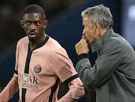 Luis Enrique, entrenador del PSG, da instrucciones a Ousmane Dembélé durante un partido.