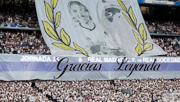 A banner in tribute to Real Madrid's Croatian midfielder #10 Luka Modric is displayed by fans during the Spanish league football match between Real Madrid CF and Real Sociedad at Santiago Bernabeu Stadium in Madrid on May 24, 2025. (Photo by OSCAR DEL POZO / AFP)