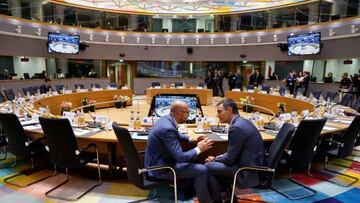 President of the European Council Charles Michel (L) speaks with Prime Minister of Spain Pedro Sanchez Perez-Castejon (R) during a working session of the EU-Western Balkans leaders' meeting in Brussels on June 23, 2022. - The European Union, which at a summit on June 23 and 24, 2022, will discuss whether to make Ukraine a membership candidate, has admitted over 15 countries in the past three decades. (Photo by Ludovic MARIN / AFP) (Photo by LUDOVIC MARIN/AFP via Getty Images)