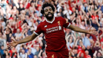 Soccer Football - Premier League - Liverpool vs Arsenal - Liverpool, Britain - August 27, 2017   Liverpool&#039;s Mohamed Salah celebrates scoring their third goal    REUTERS/Phil Noble    EDITORIAL USE ONLY. No use with unauthorized audio, video, data, f