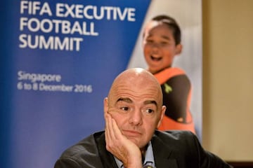 FIFA President Gianni Infantino attends a media briefing after the Fifa Executive Football Summit.