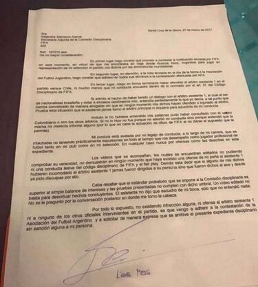 La carta de Messi: "Conversé de forma amigable con el asistente"