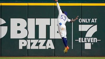 Oct 27, 2023; Arlington, TX, USA; Texas Rangers right fielder Adolis Garcia (53) makes a catch during the ninth inning in game one of the 2023 World Series against the Arizona Diamondbacks at Globe Life Field. Mandatory Credit: Raymond Carlin III-USA TODAY Sports