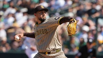 Apr 9, 2025; West Sacramento, California, USA; San Diego Padres pitcher Robert Suarez (75) throws a pitch against the Athletics during the ninth inning at Sutter Health Park. Mandatory Credit: Darren Yamashita-Imagn Images