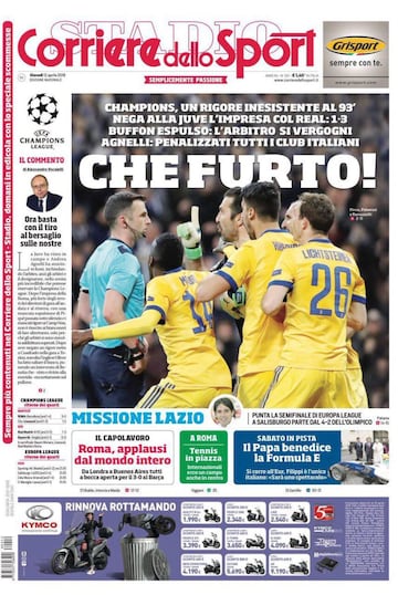 Corriere dello Sport (Roma, Italia): "Qu¨¦ robo. Un penalti inexistente en el 93' niega a la Juventus la proeza contra el Real".