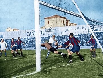 El 3 de febrero de 1935 Sañudo no tuvo piedad con el Barcelona y le hizo cuatro goles. Lazcano le ayudó con tres tantos y Regueiro hizo otro. El partido terminó con un marcador de 8-2, Escola y Guzmán anotaron lo dos goles del Barcelona.En la imagen Sañudo anotando el segundo gol 